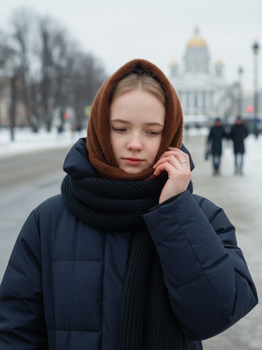 Девушка в коричневой меховой косынке вместо шапки на зимней улице Петербурга